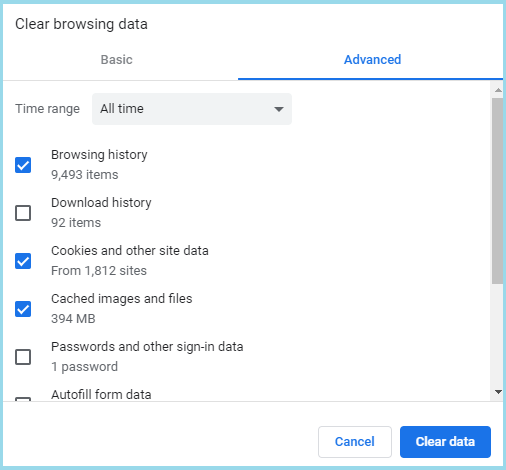 Clear history and cache in chrome