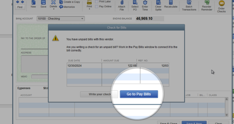 Prompt to Create a Bill Payment When Using the Write Check - Screenshot