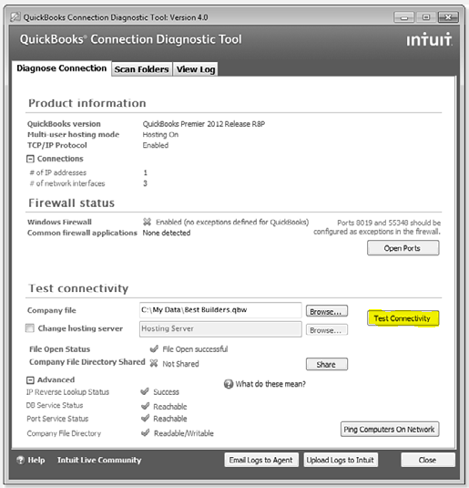 QuickBooks Connection Diagnostic tool - Screenshot