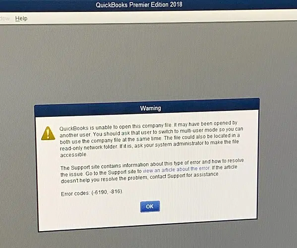 QuickBooks Error code 6190 and 816 - Screenshot Image
