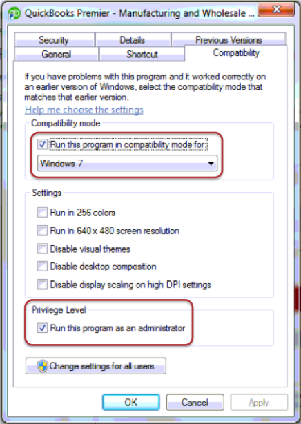 Run QuickBooks in compatibility mode Screenshot