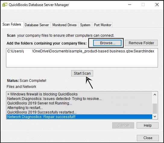 Scan Company File in QuickBooks Database Server Manager - Screenshot