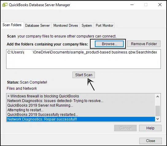 Scan Company File in QuickBooks Database Server Manager Screenshot