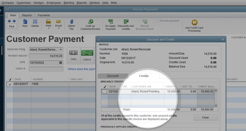 Transfer Credits Between Jobs of the Same Customer - Screenshot