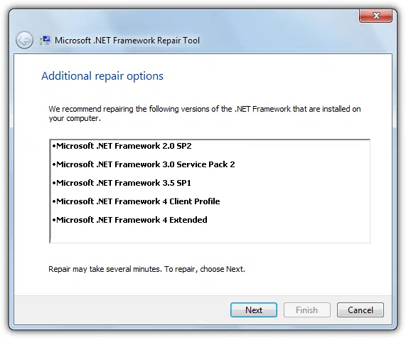 Repair the Microsoft .NET Framework - Screenshot