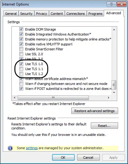TLS Error Internet Options Setting tls - Screenshot