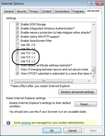 TLS Error Internet Options Setting tls Screenshot