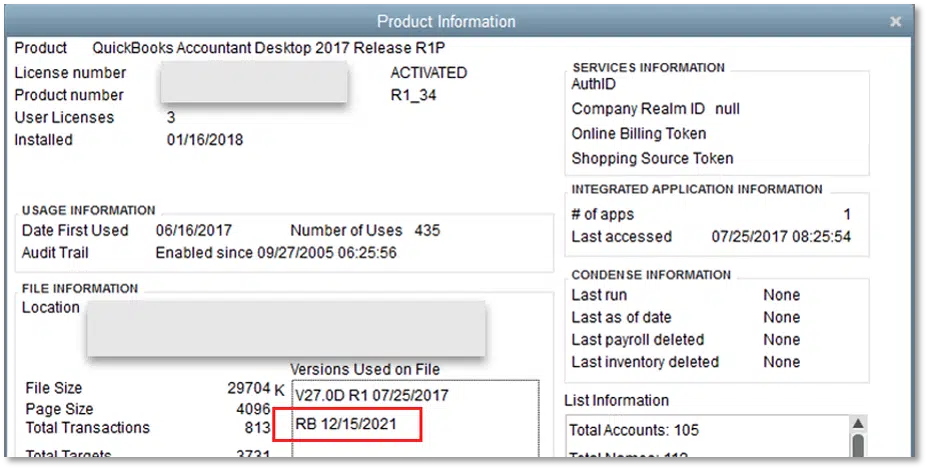 QuickBooks Product Information - Screenshot