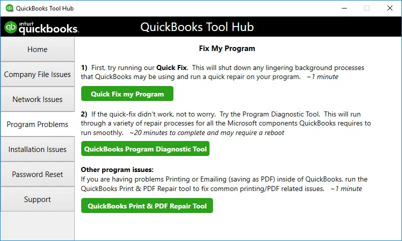 Run the Fix my Program from Tools hub Screenshot