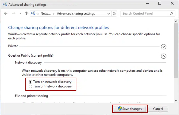Turn on network discovery - Screenshot Image
