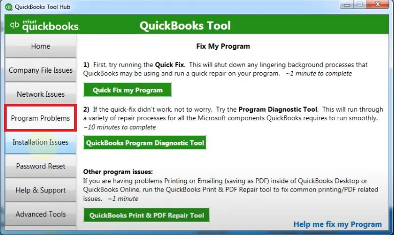 Program Problems Tab in Tool Hub - Image
