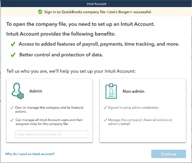 Successfully sign in to the company file with a request to set up the Intuit Account - Image