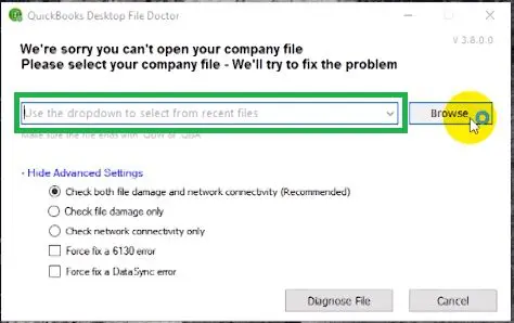 Diagnose file in QuickBooks file doctor - Image