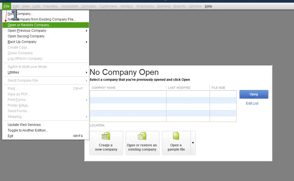 Open or Restore a company file - Image
