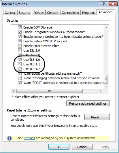 USE TLS 1.0 is checked option