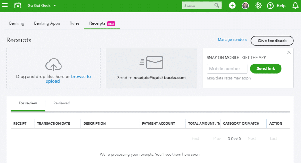 Upload receipts to QuickBooks desktop Screenshot