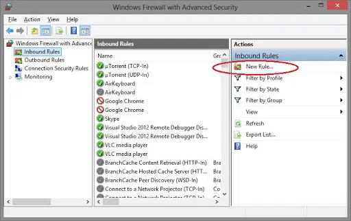 Create a new rule in firewall settings Screenshot