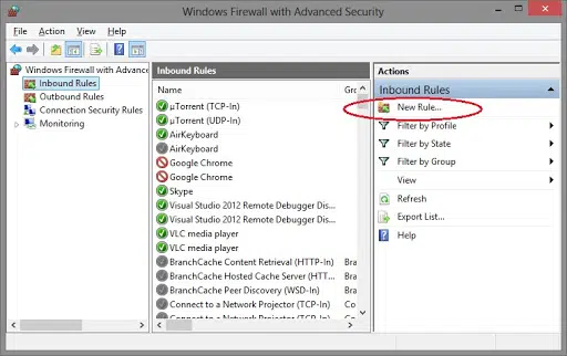 Create a new rule in firewall settings - Screenshot