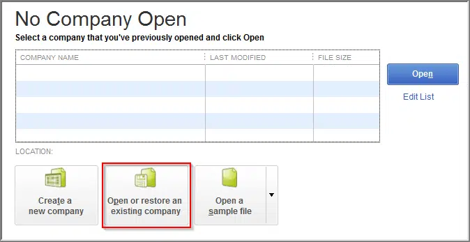 Open or restore an existing company