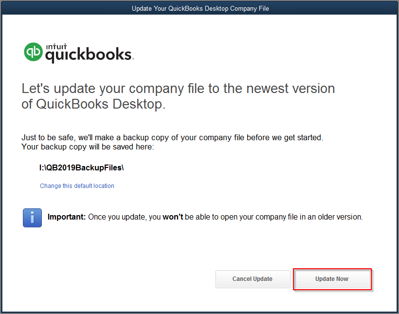 Update QuickBooks desktop company file to latest version - Screenshot