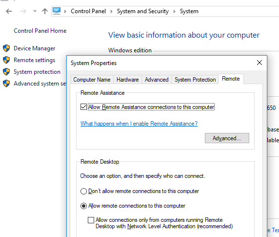 Allow remote assistance connection to this computer - Screenshot Image
