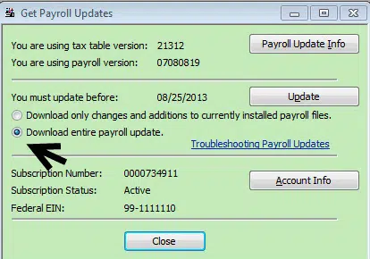 Downloading the latest payroll tax table Screenshot