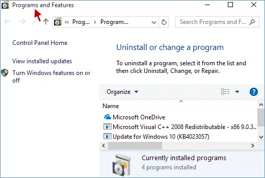 Programs and Features - Screenshot