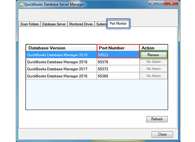 QuickBooks Database Server Manager Port monitor tab - Screenshot