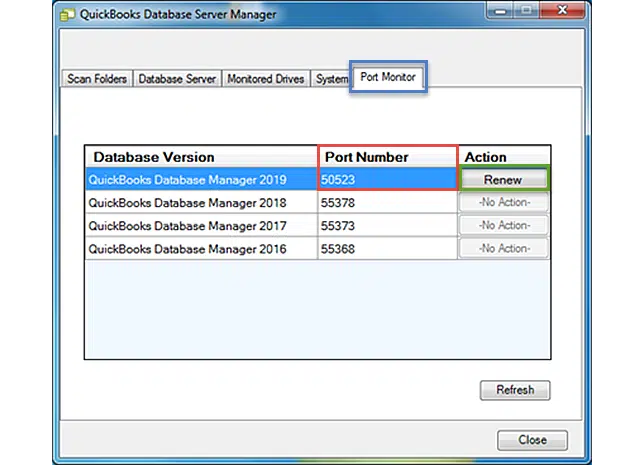 QuickBooks Database Server Manager Port monitor tab Screenshot