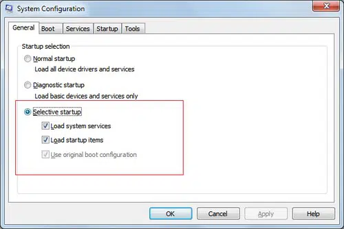 Selective startup - Screenshot