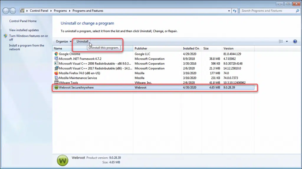 Uninstall WebRoot - Screenshot