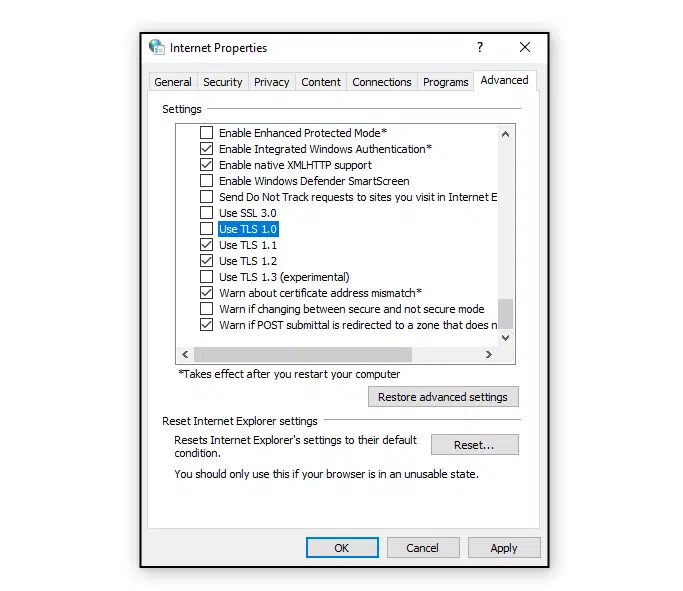 Use TLS 1.0 only settings - Image