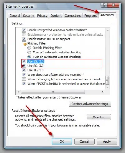Verify the Internet Explorer settings - Image