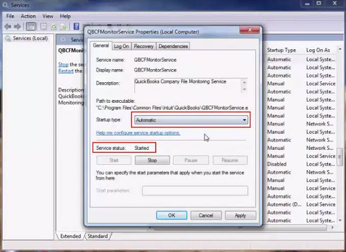 Start Services in QuickBooks Screenshot