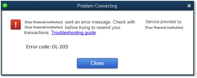 QuickBooks Error Code OL 203 Screenshot