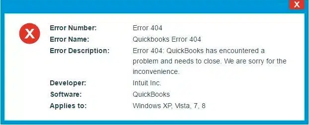 QuickBooks Error Code 404 - Screenshot Image