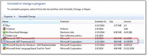 Uninstall Microsoft .NET Framework 4.5 - Image
