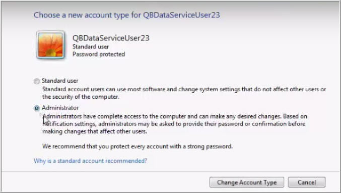 Change the account type - Screenshot Image