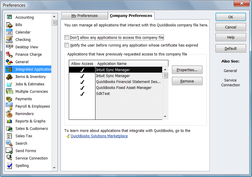 Integrated Applications followed by the Company Preferences - Screenshot Image