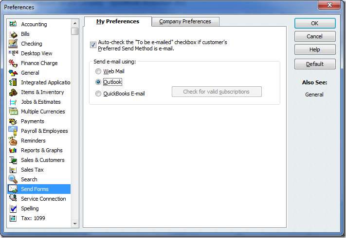 Outlook option in QuickBooks - Image