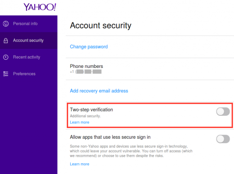 turn on the Two-step verification of Yahoo - Image