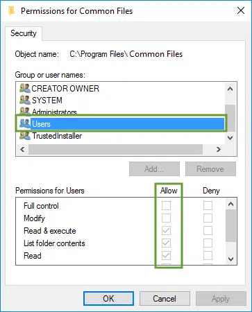 Permissions for Common Files Image