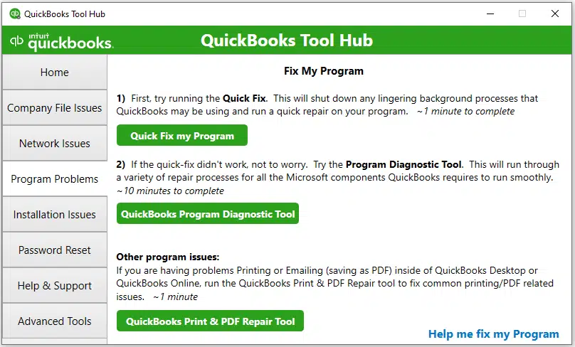 Program Problems tab in tool hub