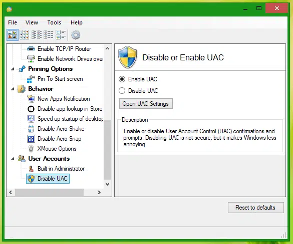 Turn off the User Account Control settings