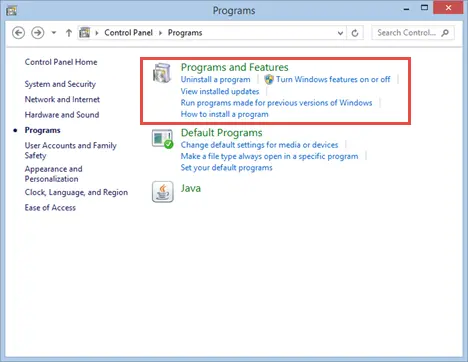 Programs and Features option