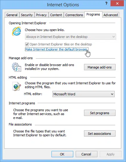 Resetting the default browser to Internet explorer