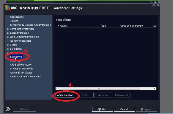 Select manage exceptions in AVG Antirius