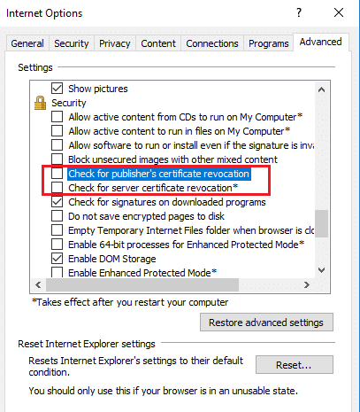 Unmark the Publisher’s Certificate Revocation Checkbox